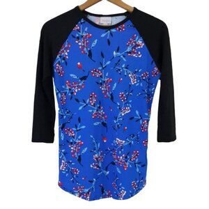 2/$15 LuLaRoe Randy Cherry Blossom Top Blue Black Size XXS Floral Raglan Jersey